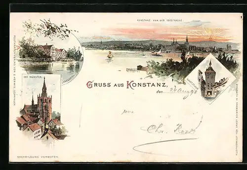 Lithographie Konstanz, Münster, Schetzthor und Inselhotel