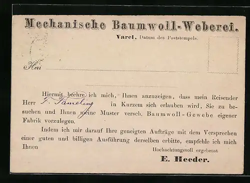 AK Varel, Mechanische Baumwoll-Weberei Heeder, Vertreterkarte