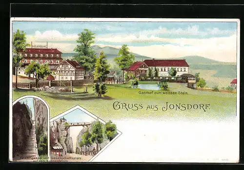 Künstler-AK Jonsdorf, Gasthof zum weissen Stein und Felsengasse