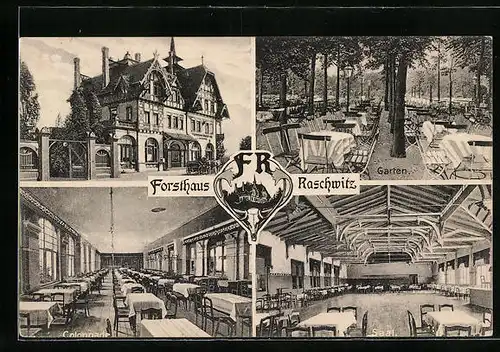 AK Raschwitz, Forsthaus Raschwitz, Garten, Saal und Colonnade