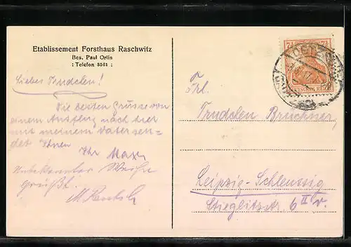 AK Raschwitz, Forsthaus Raschwitz, Garten, Saal und Colonnade