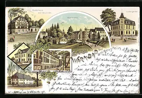 Lithographie Warmbad bei Wolkenstein, Badehaus mit Brunnen, Lindengarten und Badmühle