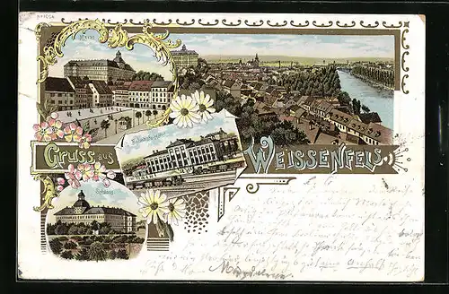Lithographie Weissenfels, Ortsansicht, Schloss und Bahnhof
