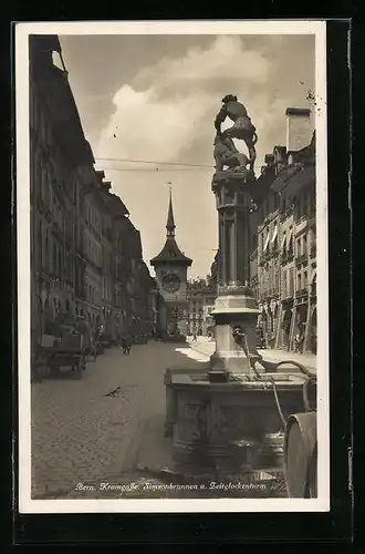 AK Bern, Simsonbrunnen und Zeitglockenturm in der Kramgasse