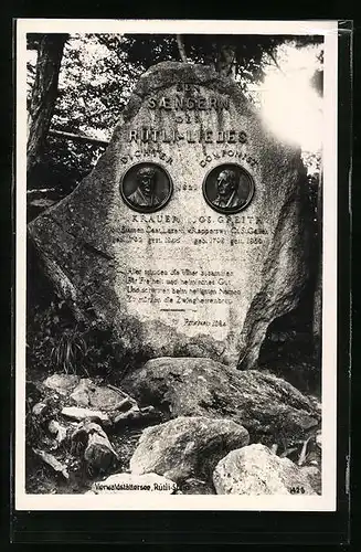 AK Rütli /Vierwaldstättersee, Rütli-Stein mit den Sängern des Rütli-Liedes