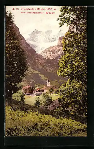 AK Grindelwald, Ansicht der Kirche und Viescherhörnern