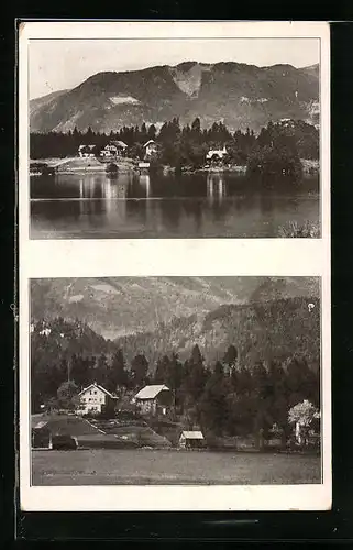 AK St. Magdalen bei Villach, Ortsansicht vom See her, Teilansicht