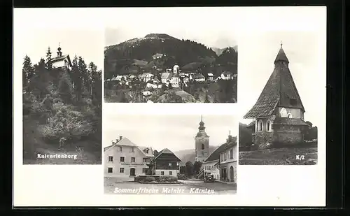 AK Metnitz, Kalvarienberg, Gasthaus Rabensteiner, Ortsansicht und Kirche