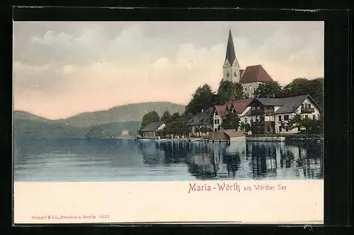AK Maria-Wörth am Wörther See, Blick auf eine Uferpartie mit Pfarrkirche