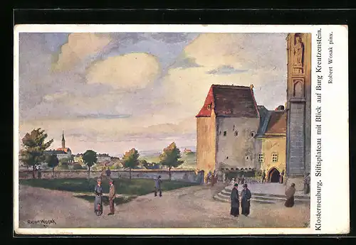 Künstler-AK Klosterneuburg, Stiftsplateau mit Burg Kreitzenstein