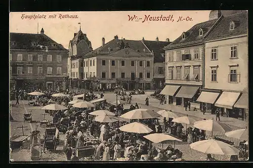 AK Wr.-Neustadt, Hauptplatz mit Marktbetrieb und Rathaus