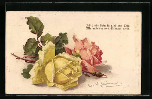 Künstler-AK Catharina Klein: Zwei blühende Rosen als Zeichen der Liebe