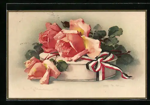 Künstler-AK Catharina Klein: Rosa Rosen in voller Blüte mit Schleife