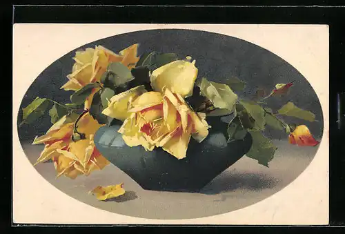 Künstler-AK Catharina Klein: gelbe Rosen blühen hübsch in einer Vase