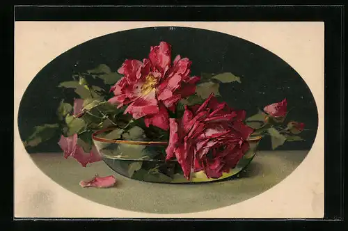 Künstler-AK Catharina Klein: Rote Rosenblüten verwelken langsam in einer Schale