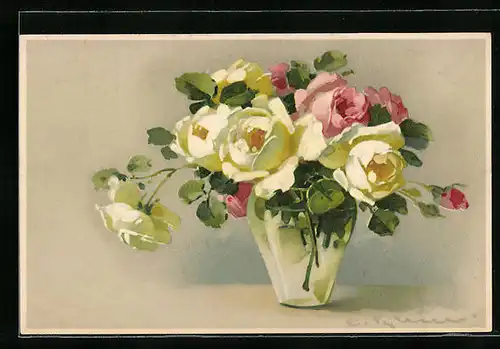 Künstler-AK Catharina Klein: gelb und rosa blühende Rosen in einer stilvollen Vase
