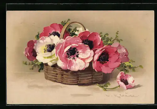 Künstler-AK Catharina Klein: rosa und gelb blühende Blumen in einem Körbchen