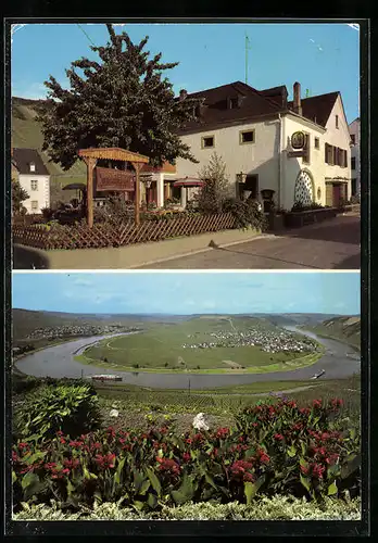 AK Trittenheim, Cafe Brückenschenke mit Ortsansicht