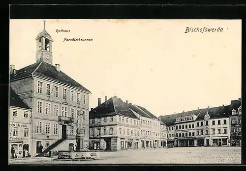 AK Bischofswerda, Rathaus mit Paradiesbrunnen