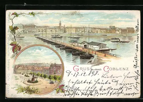 Lithographie Coblenz, Flusspartie mit Blick auf die Häuser