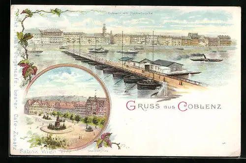 Lithographie Coblenz, Blick auf die Stadt vom Fluss aus