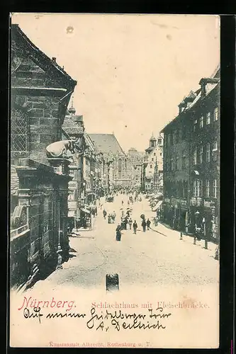AK Nürnberg, Schlachthaus mit Fleischbrücke und Geschäften