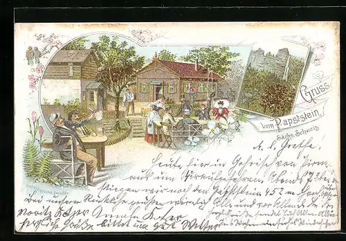 Lithographie Bad Schandau, Papststein, Gasthaus mit Terrasse