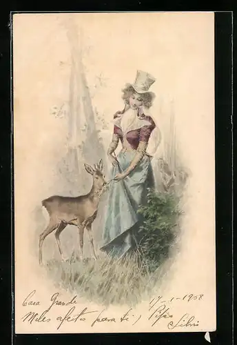Künstler-AK M. Munk Nr. 82: Frau füttert im Wald ein Reh