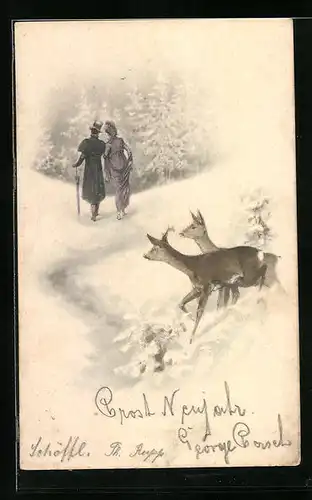 Künstler-AK M. Munk Nr.: Paar geht im Schnee spazieren beobachtet von zwei Rehen