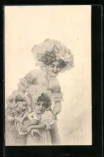 Künstler-AK M. Munk Nr.: Mutter mit ihrer Tochter die einen Blumenstrauss hält