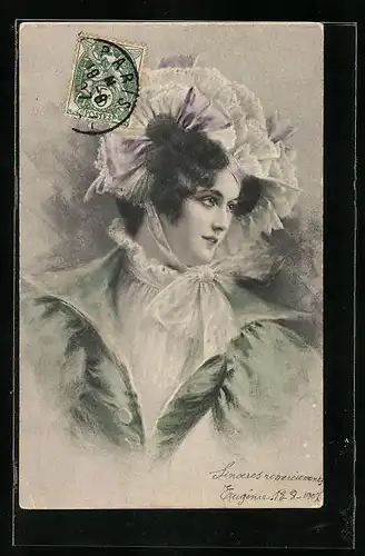 Künstler-AK M. Munk Nr.: Dame mit auffälligem Hut und grünem Mantel