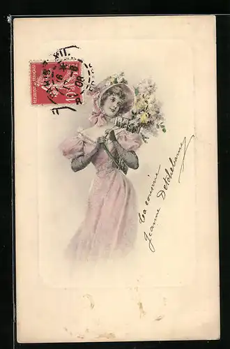 Künstler-AK M. Munk Nr. 276: Frau im rosa Kleid mit einem Blumenstrauss