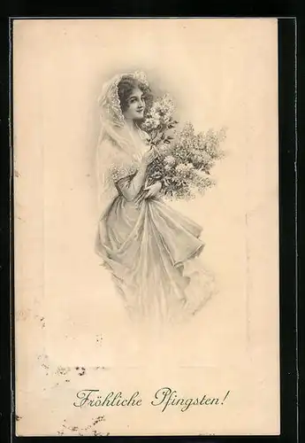 Künstler-AK M. Munk Nr. 276: Hübsches Mädchen mit Schleier und Blumenstrauss
