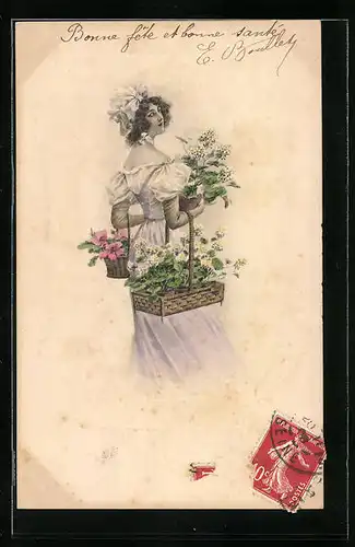 Künstler-AK M. Munk Nr. 276: Dame im elegantem Kleid mit Blumentopf in der Hand