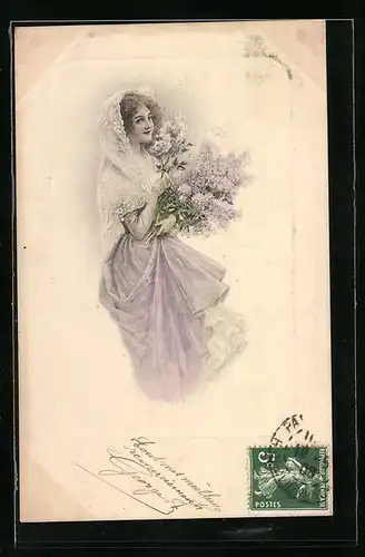 Künstler-AK M. Munk Nr. 276: Hübsches Mädchen mit Schleier und Blumenstrass