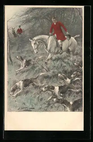 Künstler-AK M. Munk Nr. 908: Jäger zu Pferde und Hundemeute