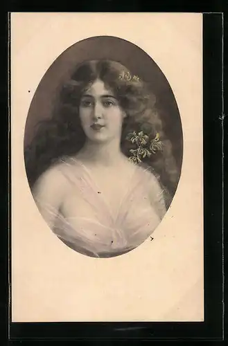 Künstler-AK M. Munk Nr. 352: Portrait einer jungen Frau mit Mittelscheitel, Locken und Blüten im Haar