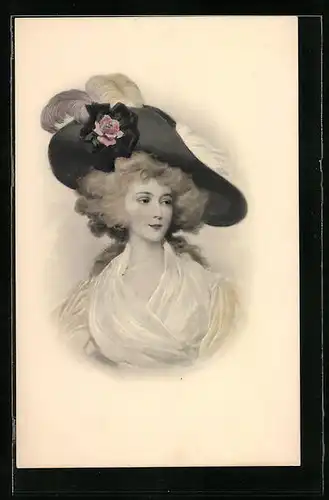 Künstler-AK M. Munk Nr. 380: Portrait einer jungen Dame mit Rose und Federn am Tellerhut
