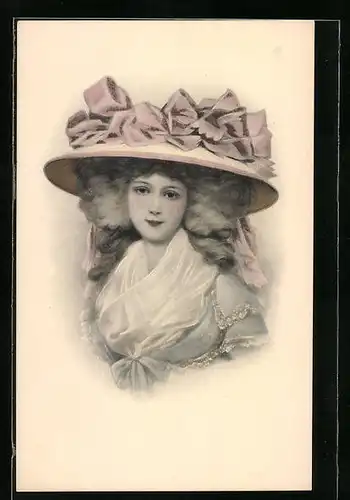 Künstler-AK M. Munk Nr. 380: Portrait einer jungen Dame mit rosa Schleifen am Tellerhut
