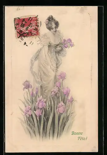 Künstler-AK M. Munk Nr. 398: Bonne Fete!, Junge Frau beim Pflücken von Lilien