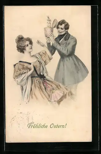 Künstler-AK M. Munk Nr. 302: Kavalier schenkt Dame Osterei mit Häschen, Ostergruss