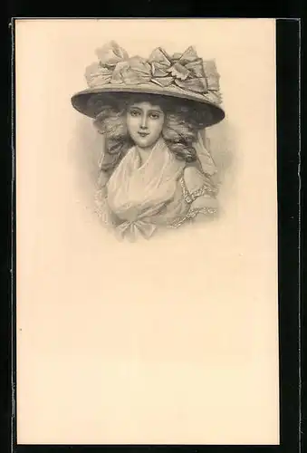 Künstler-AK M. Munk Nr. 364: Junges Mädchen mit schleifengeschmücktem Tellerhut