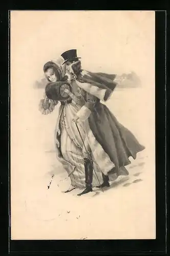 Künstler-AK M. Munk Nr. 391: Elegantes Paar mit Muff und Mantel beim Winterspaziergang