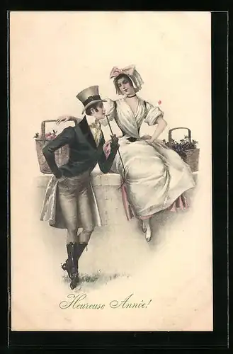 Künstler-AK M. Munk Nr. 391: Junges Paar mit Obstkörben, Neujahrsgruss