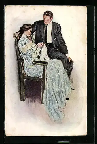 Künstler-AK M. Munk Nr. 457: Stickende Dame mit Kavalier im Gespräch
