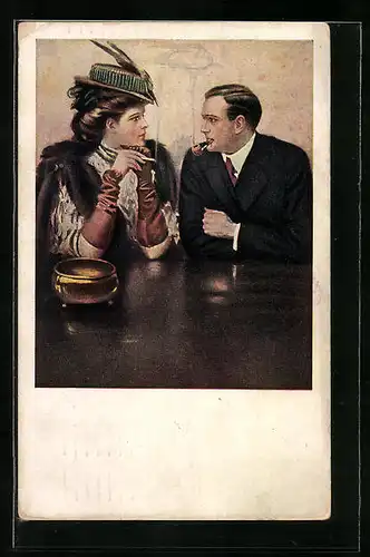 Künstler-AK M. Munk Nr. 387: Elegantes Paar mit Zigarette und Pfeife im Cafe