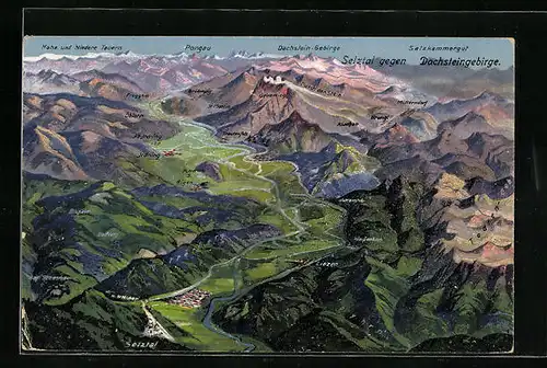 Künstler-AK Selztal, Gesamtansicht des Dachsteingebirges aus der Vogelschau