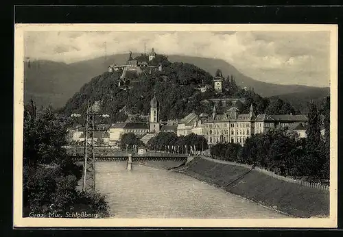 AK Graz, Ortspartie mit Mur und Schlossberg