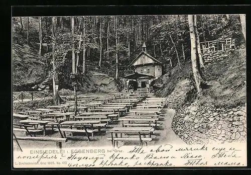 AK Eggenberg bei Graz, Einsiedelei mit Holzkirche und Bänken