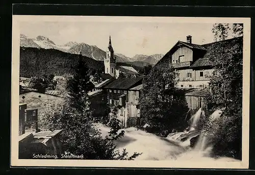 AK Schladming, Ortspartie mit Blick auf Kirche